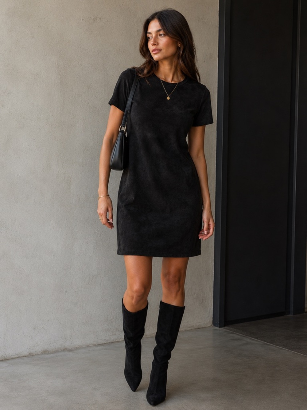 William B Classic Black Short Sleeve Suede Dress |S|